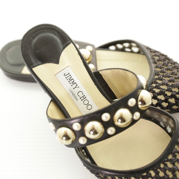 Jimmy Choo Basette Black Woven Embellished Studded Raffia Leather Flat Mule 39/9 - Picture 7 of 9